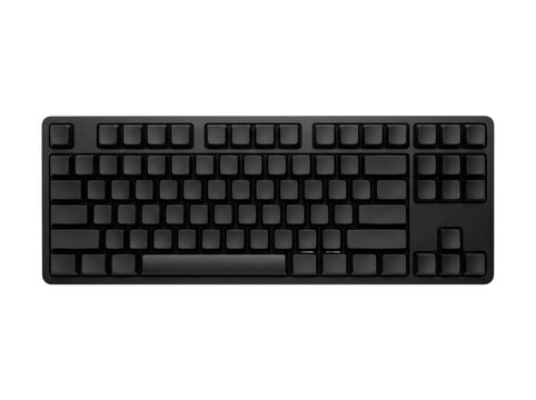 Black compact keyboard top view with blank keycaps on white isolated background, computer peripheral for typing, gaming and office workspace setups