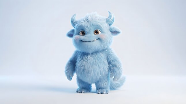 Cute blue furry monster with horns on light background