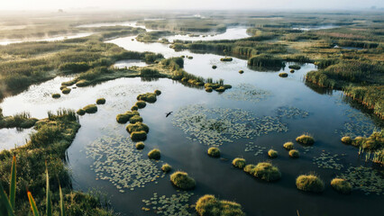 Naklejka premium Aerial view of serene wetlands with small islands and winding waterways surrounded by lush vegetation