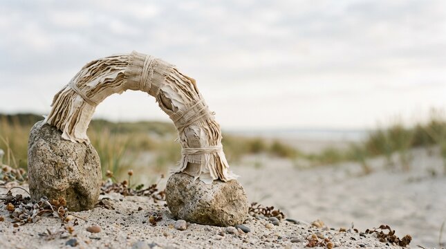 Ephemeral land art sculpture of a tattered fabric arch on stones, a contemplative installation on a desolate sandy beach representing connection and impermanence.