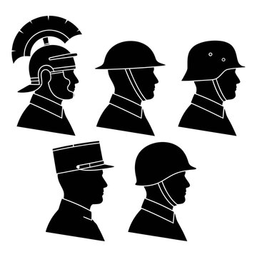 Black silhouettes of soldiers heads showcase a variety of historical military helmets from different time periods and armed forces around the world