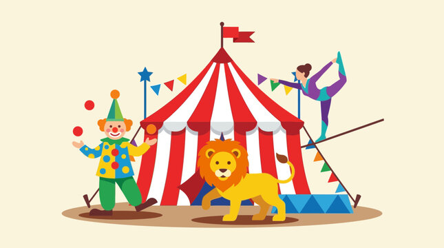 Circus Tent Performance with Juggler Lion and Acrobat