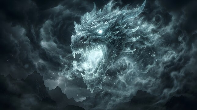 Majestic ethereal dragon emerging from swirling mystical clouds at night