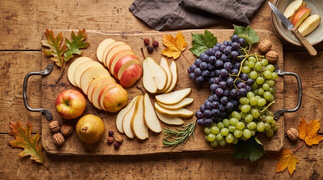 Autumn fruit platter with sliced apples pears and grapes on wood