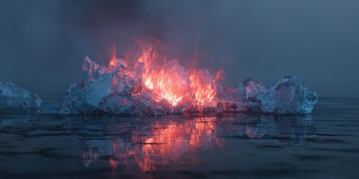 Burning ice structure reflecting in calm water under a darkened sky with glowing flames