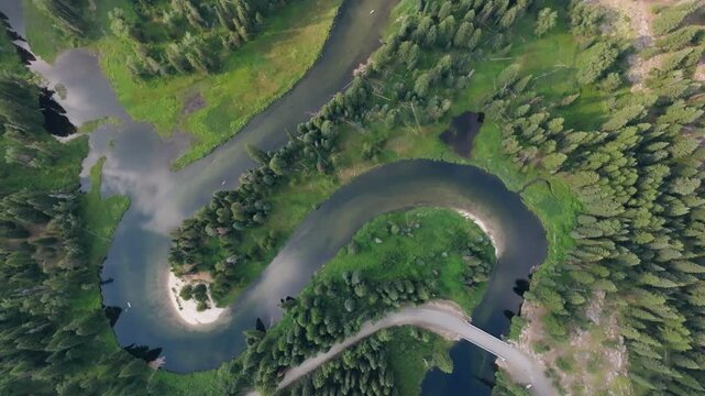 Aerial view of a winding river flowing through dense pine forests with a small bridge crossing the water in McCall, Idaho, United States.