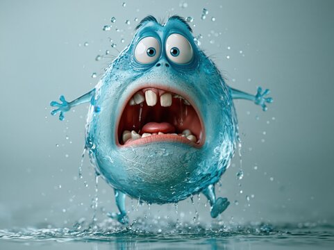 Big-eyed blue monster caught in water splash