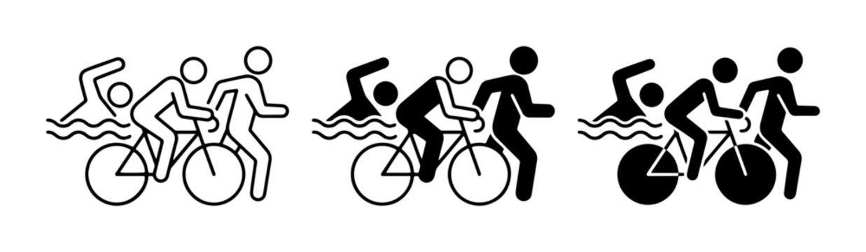 Triathlon Icons, Three Sports Athletes, Swimming Cycling Running Vector Set
