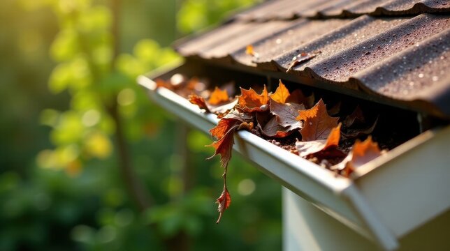 Autumnal Leaves Clogged in a Home's Gutter System, Requiring Seasonal Cleaning for Optimal Drainage