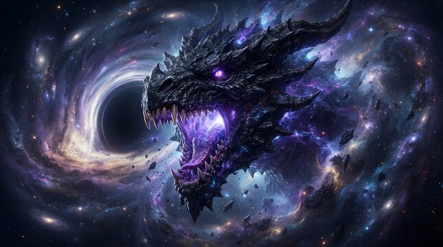 Fierce dragon emerging from a cosmic black hole in space