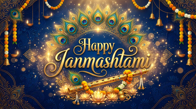 Festive Janmashtami celebration with glowing peacock and diya lights