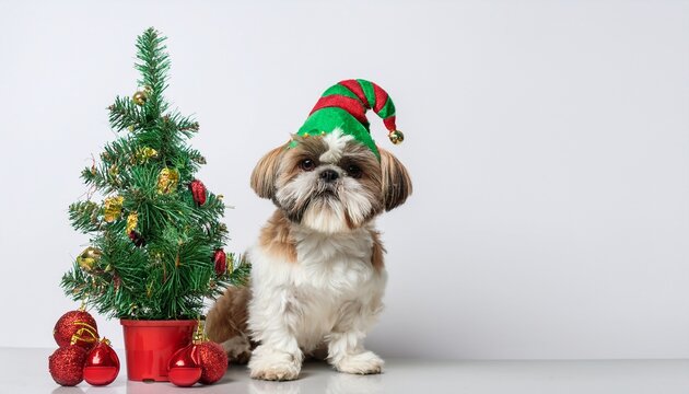 shih tzu with elf hat sitting next to christmas tree; white background free space for text