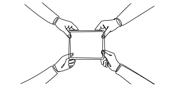 Four hands holding and forming a square frame together Vector, illustration