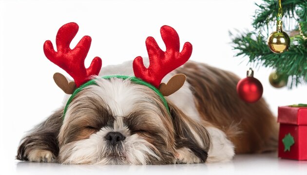 shih tzu with antlers headban sleeping under christmas tree on white background