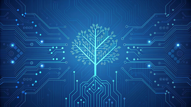 Digital circuit board background with glowing circuit tree