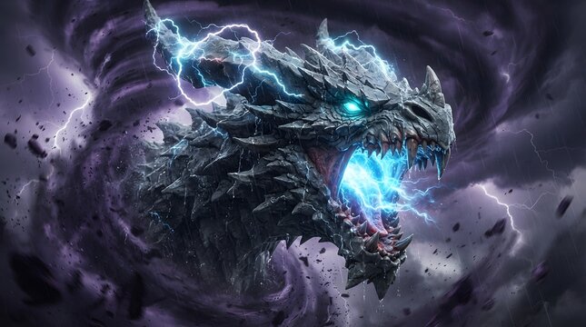 Fierce dragon with lightning in dark stormy fantasy scene