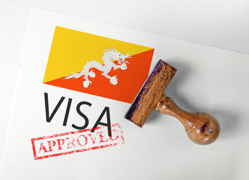 Bhutan Visa Approved with Rubber Stamp and flag
