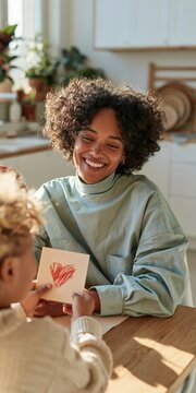 Smiling mother with curly hair receiving a handmade heart card from child at sunlit kitchen table for family greeting card and social media banner