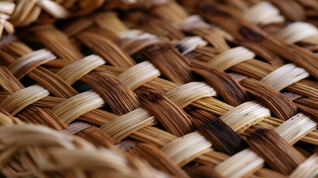 Close up of woven reed basket showing natural fibers and textured pattern in warm tones with shallow depth of field