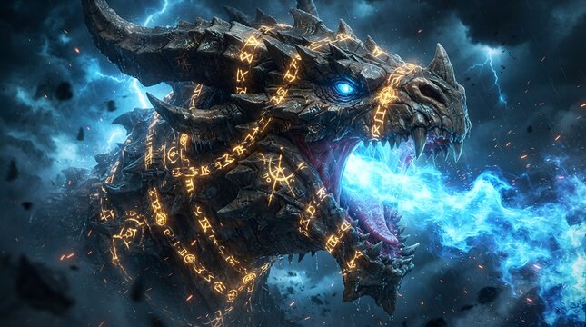 Fierce dragon breathing blue fire amidst stormy clouds