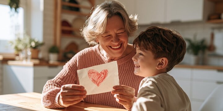 Joyful grandmother and grandson holding a red heart drawing for family love greeting card background and cozy kitchen scene