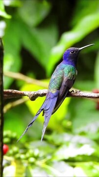 A hummingbird basking on a tree branch.