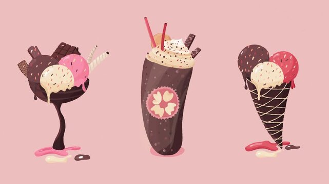 Animated ice cream dessert collection with a melting cone, chocolate milkshake and colorful sundae moving together in a playful food animation with chocolate, strawberry, vanilla and cream colors 