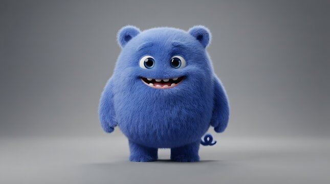 Cute blue fluffy monster with big eyes on gray background