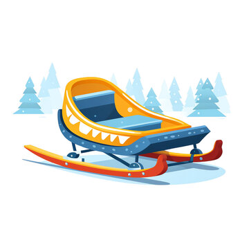 Bright yellow and blue winter sled with snowy forest background, Christmas sleigh vector illustration transparent background design