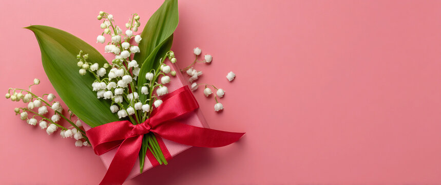 Lily of the valley and gift box with red ribbon bow on transcendent pink background. Mother's Day or Women's Day spring holiday concept. Flat lay for banner, greeting card with copy space