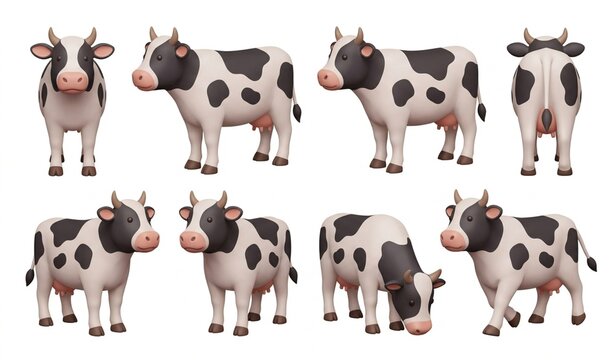 3D Cow Character Set from Front Side and Rear Views, Cute Bovine Farm Animal Vector Illustration