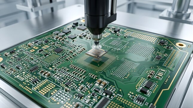Automated robotic arm placing a microchip onto a green printed circuit board