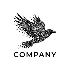 Naklejka premium Raven bird in flight logo with leaf patterns.