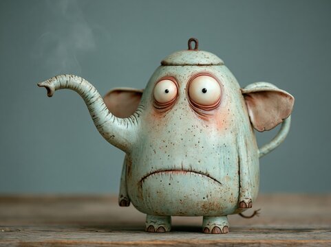Quirky ceramic elephant teapot steaming with big eyes
