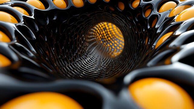 Abstract black and orange tunnel with glowing spheres.