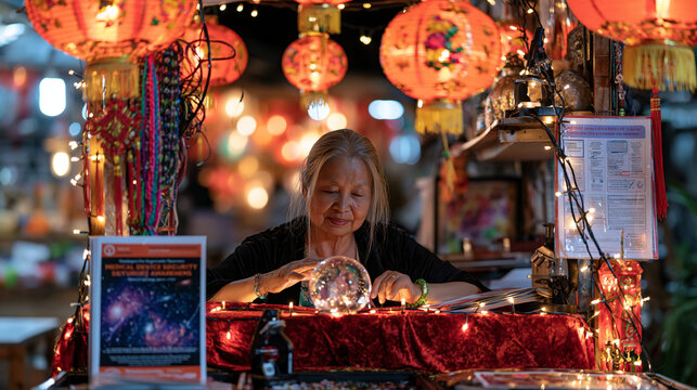 A palm reader sits alone at a vibrant lantern lit market stall, a medical device cybersecurity awareness leaflet tucked beneath her velvet tablecloth, crystal ball catching the stall lights, a uniqu
