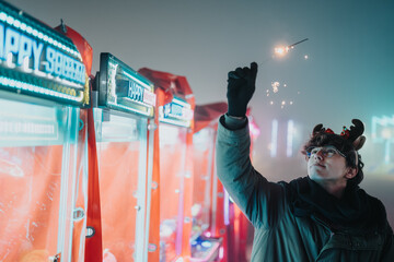 Fototapeta premium A young person wearing reindeer antlers holds a lit sparkler next to brightly lit claw machines. The festive night carnival scene shows friends enjoying arcade games and holiday lights.