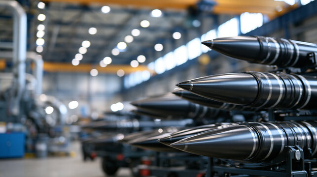 Rows of missiles on trailers inside large factory hangar stacked on racks overhead crane industrial equipment in background heavy weaponry preparation concept engineering