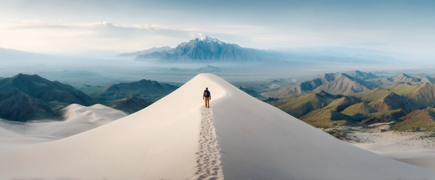 Lone figure traversing a desert dune, mountains in the distance, atmospheric landscape