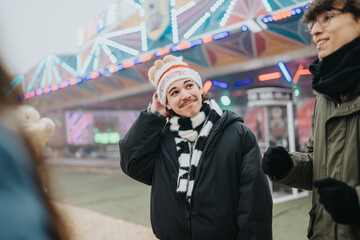 Fototapeta premium Young friends in winter coats smiling at a festive Christmas market. They chat near brightly lit carnival rides on a chilly holiday evening.