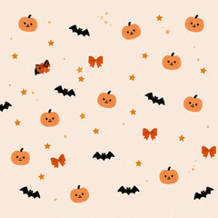 Fototapeta premium Halloween background pumpkin bat star bow beige cute seamless pattern cute soft beige holiday design with orange pumpkin, black bat, bow, and star for seasonal decor