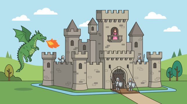 Dragon Attacks Medieval Castle with Princess