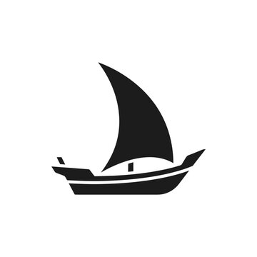 Black silhouette of traditional dhow sailboat.