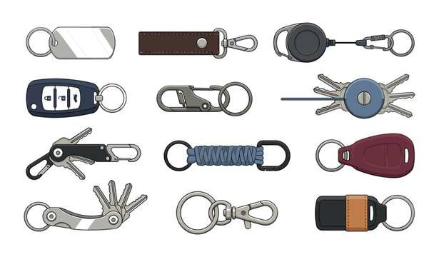Vector illustration icon set of modern keychains keyrings smart car keys carabiners and tactical key organizers for everyday carry identity branding mockups