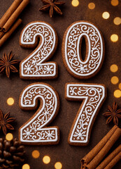 Fototapeta premium Decorated gingerbread number cookies spelling 2027 on a warm brown surface with cinnamon sticks, star anise, and glowing festive lights.