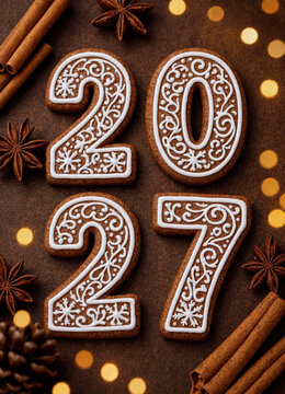 Decorated gingerbread number cookies spelling 2027 on a warm brown surface with cinnamon sticks, star anise, and glowing festive lights.
