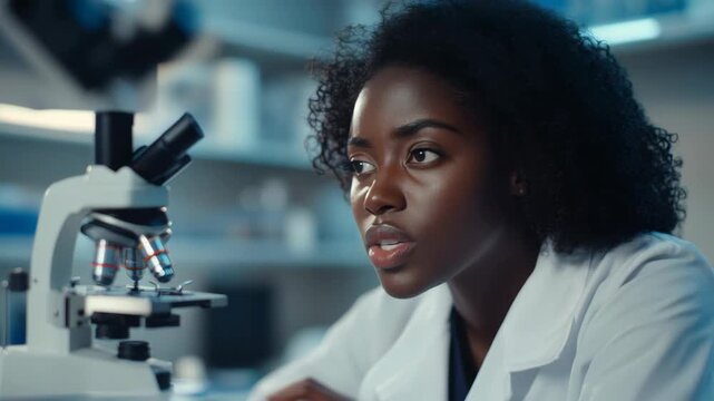 Detailed of a scientist wearing protective gear, gazing through a microscope at unseen microscopic life forms. The scientist appears focused and absorbed in the study of these tiny organisms.