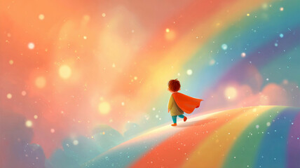 Naklejka premium little boy with cape walk on colorful magical rainbow in a dream illustration