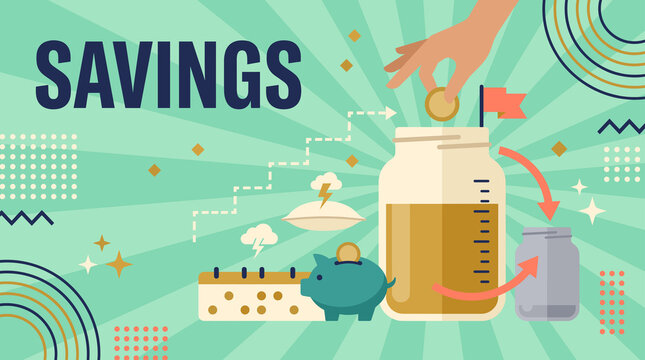 savings concept illustration with hand dropping coin into jar, piggy bank and emergency fund icons banner