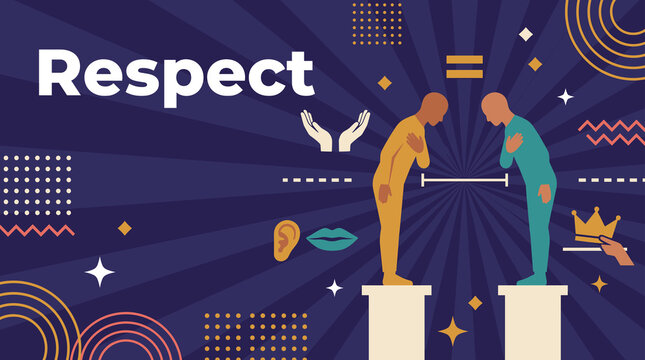 respect concept illustration with two people bowing on pedestals, listening ear and crown offering icons banner